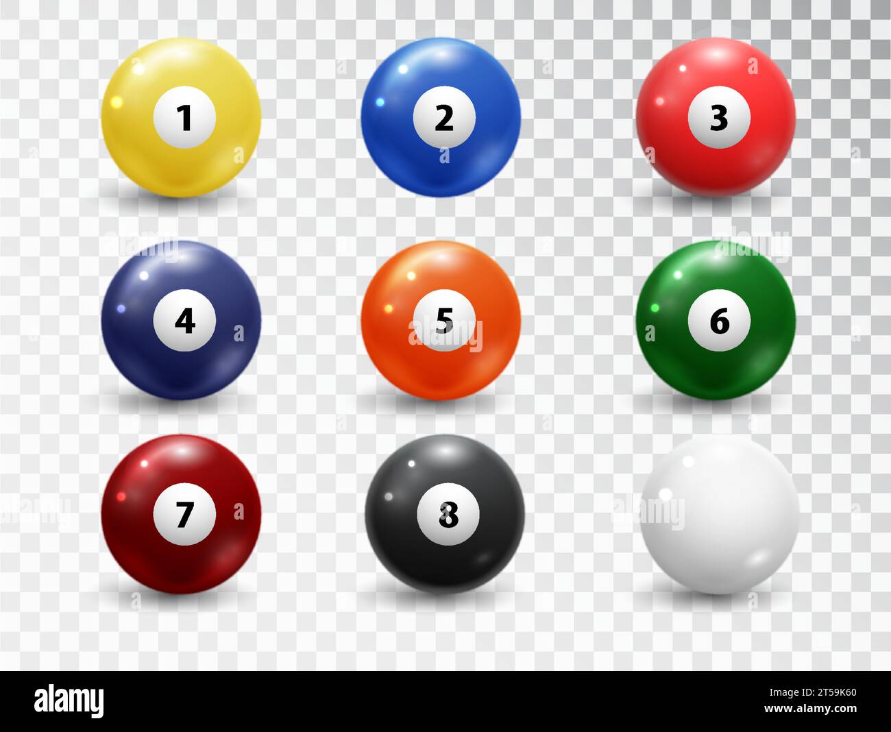 Billiard balls, pool accessory set. Realistic balls on transparent