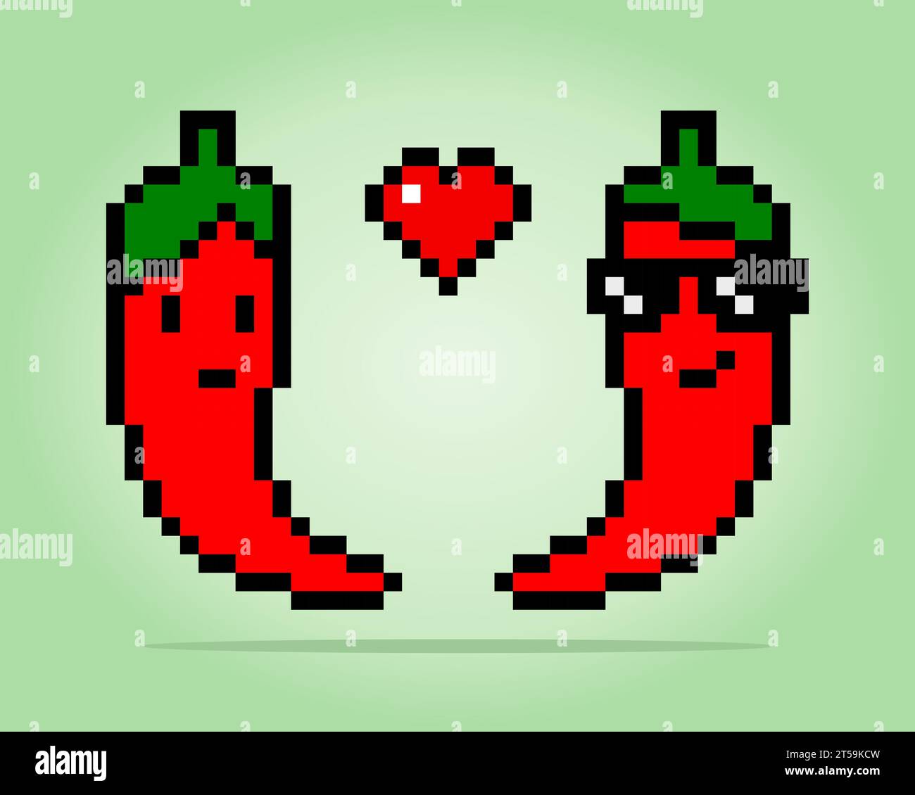 8 bit pixels a chili pair falling love. Vegetable icon for game assets and cross stitch patterns in vector illustrations. Stock Vector