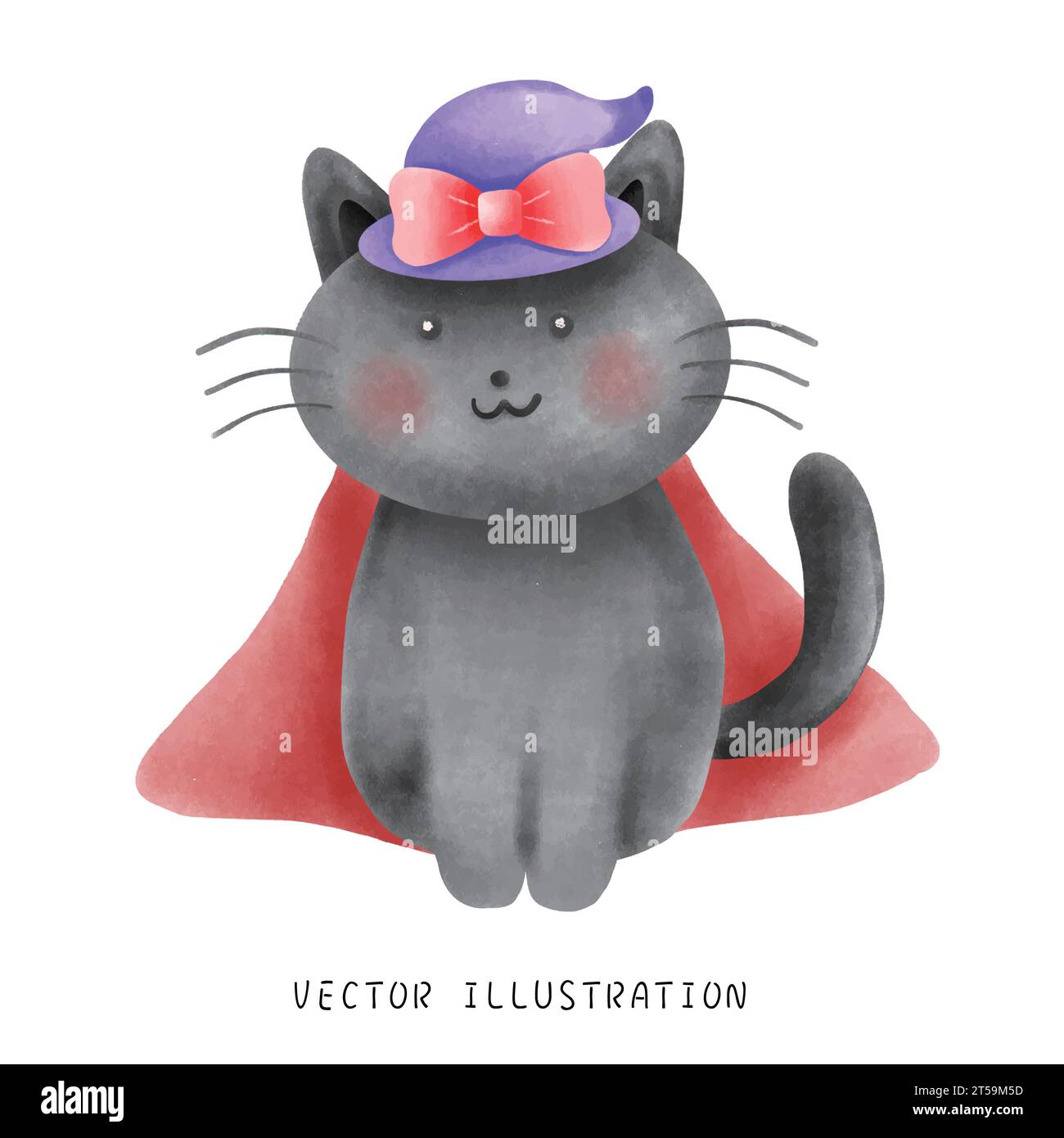 Step into a world of whimsy and magic with this vibrant watercolor illustration. Celebrate Halloween in style with a cute black cat wearing a bewitchi Stock Vector