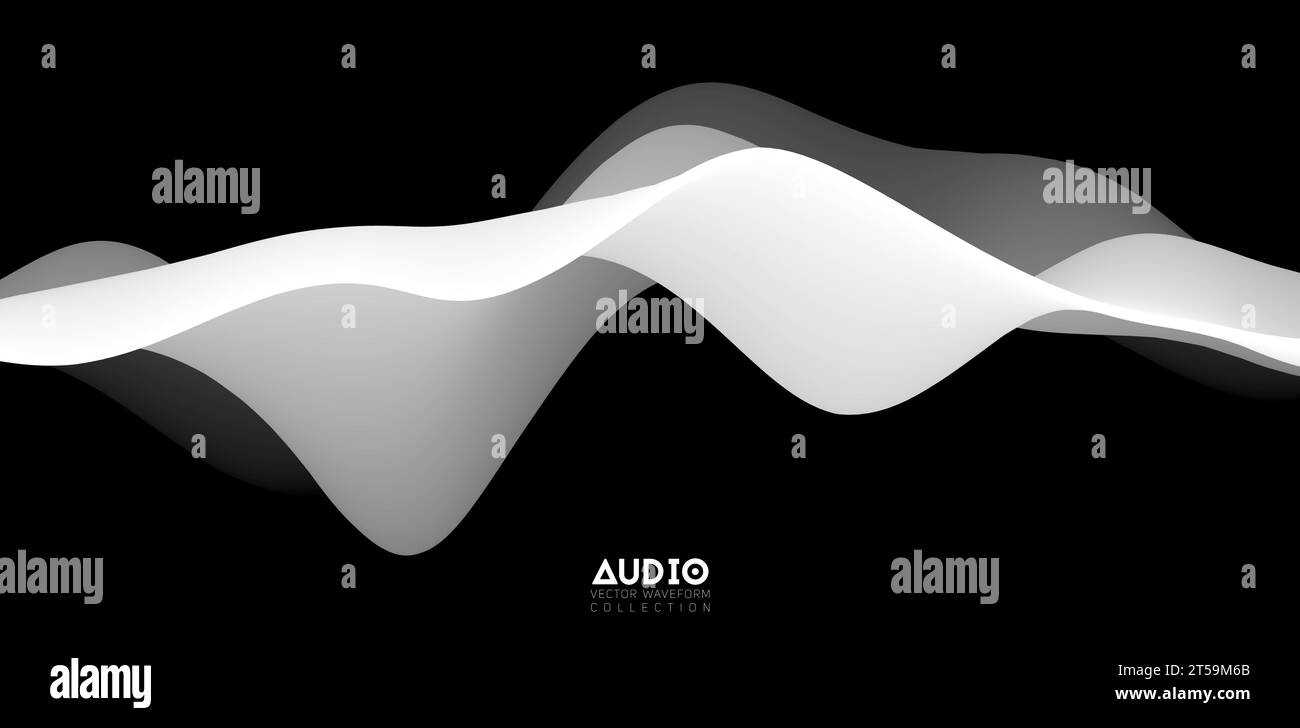 Sound wave visualiztion. 3D black and white solid waveform. Voice sample pattern. Stock Vector