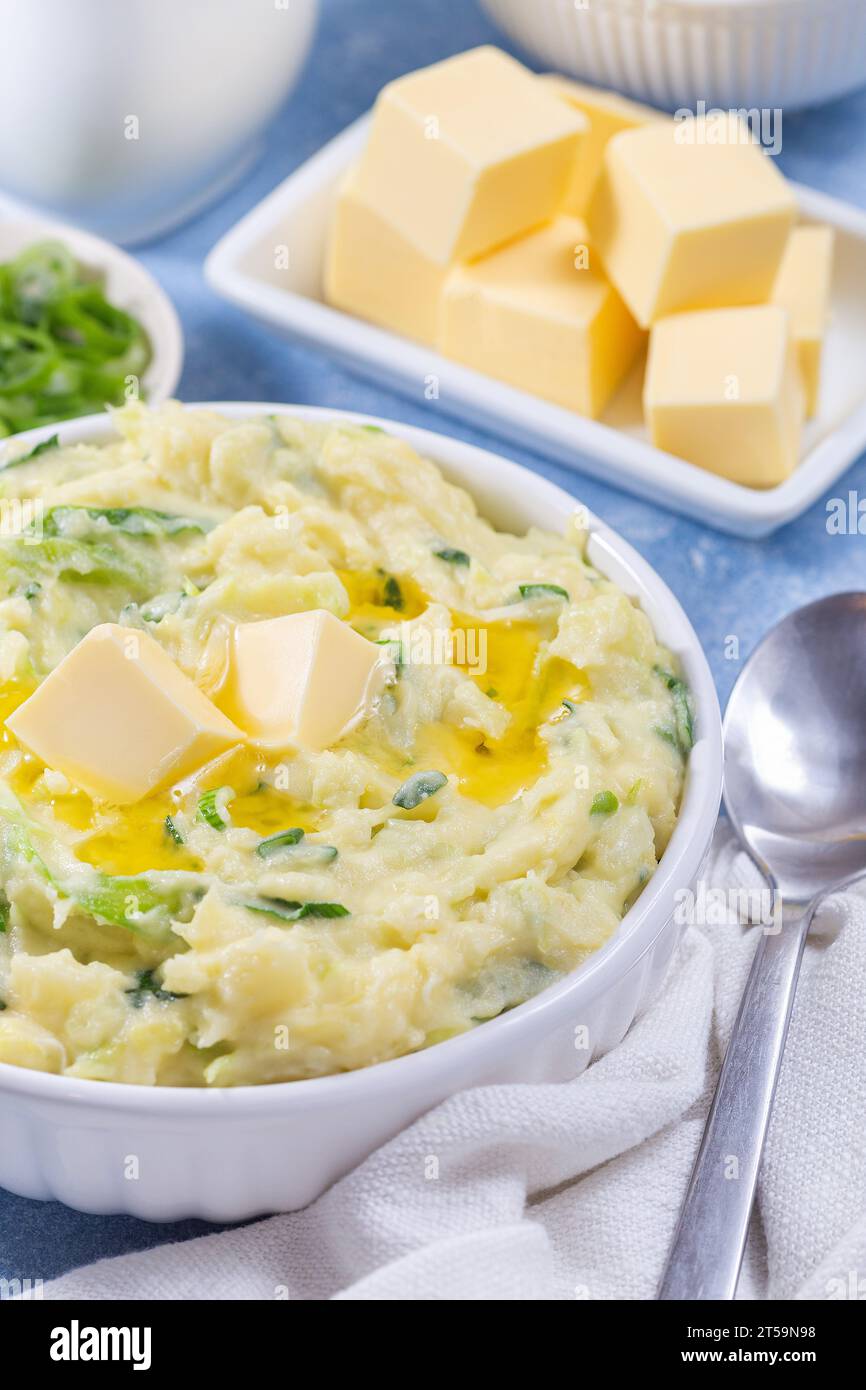 Traditional Irish dish Colcannon or mashed potato with green cabbage ...