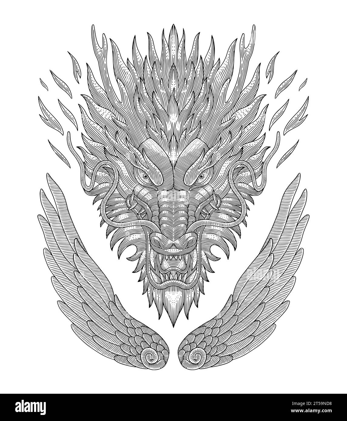 Angry dragon head with wings, vintage engraved drawing style illustration Stock Vector
