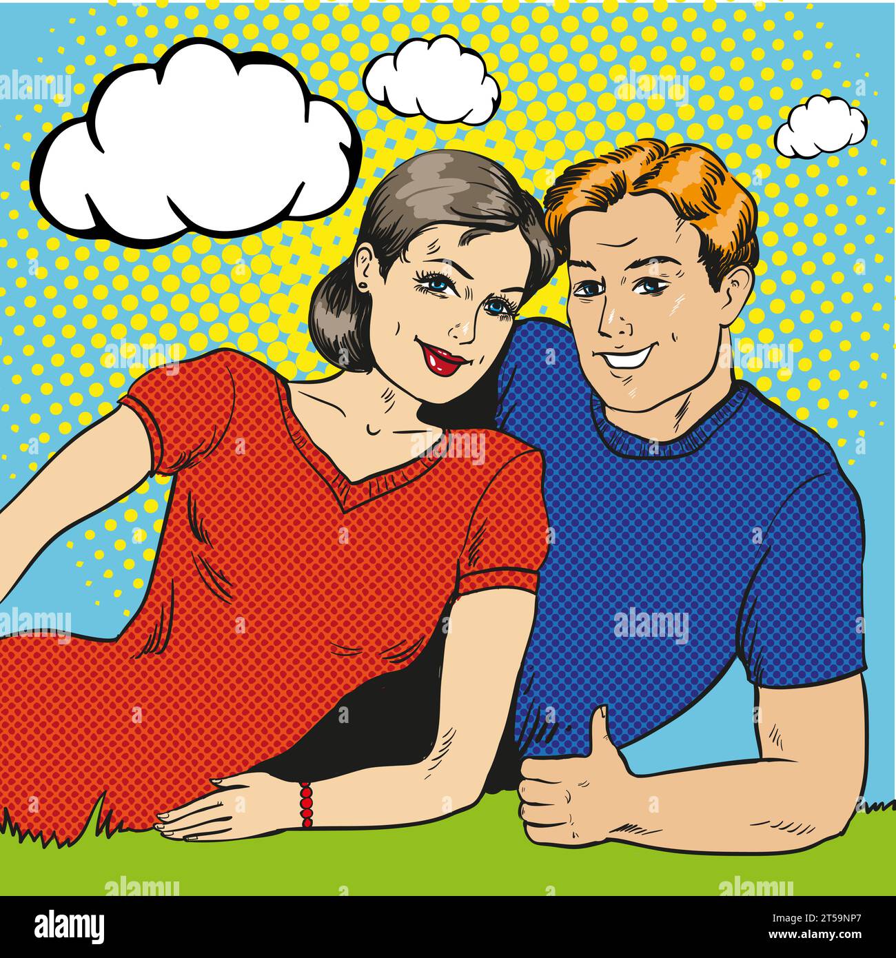 Vector illustration of happy couple in retro pop art comic style. Man ...