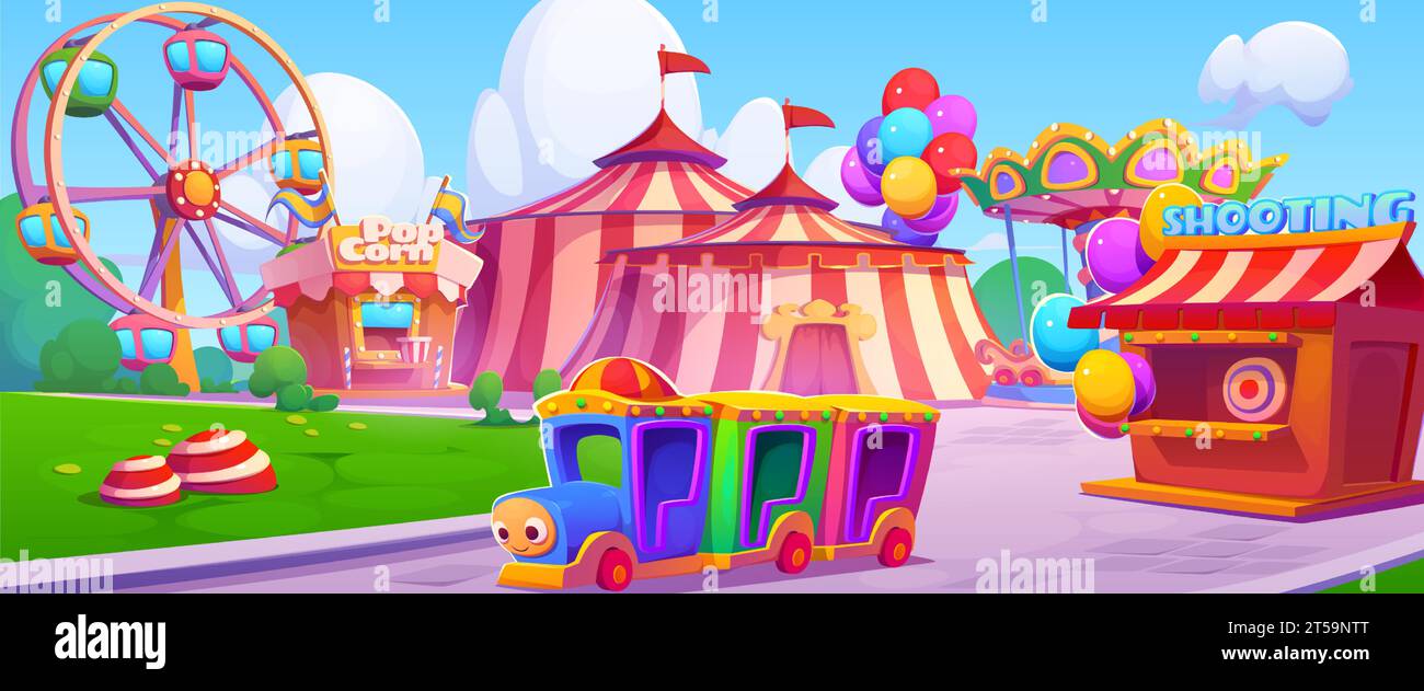 Amusement park with circus and ferris wheel. Vector cartoon illustration of fun fair in public garden, colorful chapiteau tents, popcorn stall, shooting range house, carousel, air balloons, summer day Stock Vector