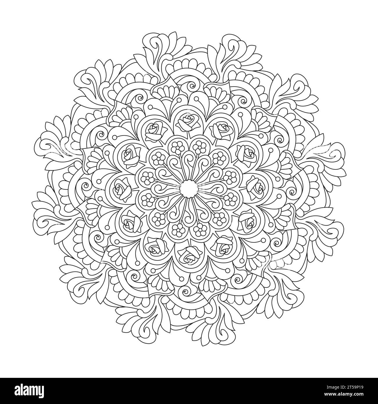 Adult celestial whirls colouring book page for KDP book interior. Peaceful Petals, Ability to Relax, Brain Experiences, Harmonious Haven, Peaceful Port Stock Vector
