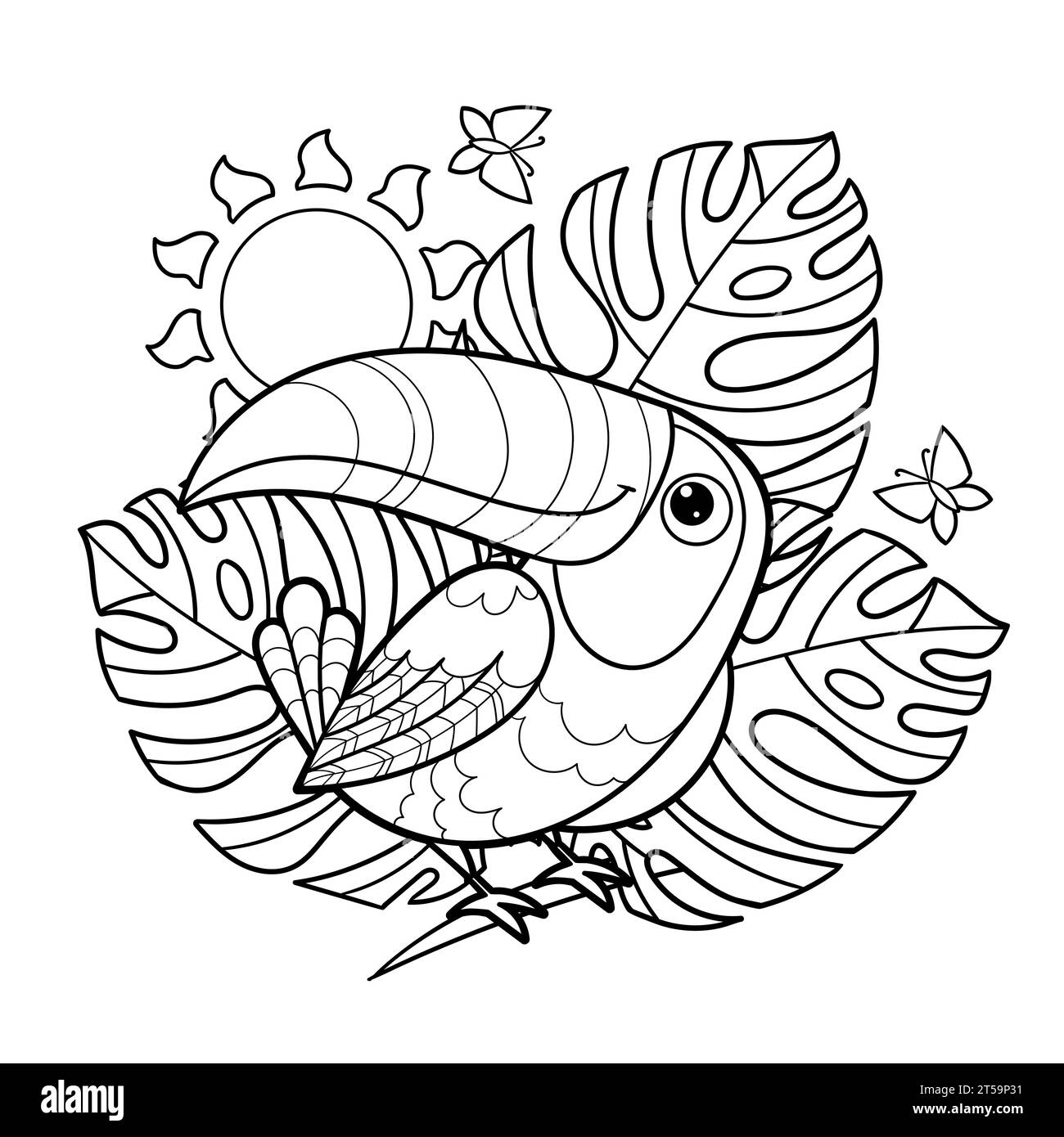 Cheerful toucan among the leaves. Black and white linear drawing. For children's design of coloring books, prints, posters, cards, stickers, puzzles, Stock Vector