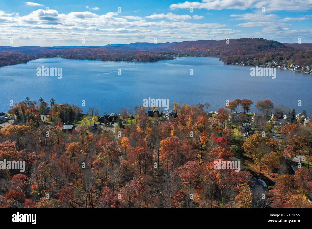 Culvers Lake Frankford NJ on a sunny autumn day with fall foliage aerial Stock Photo