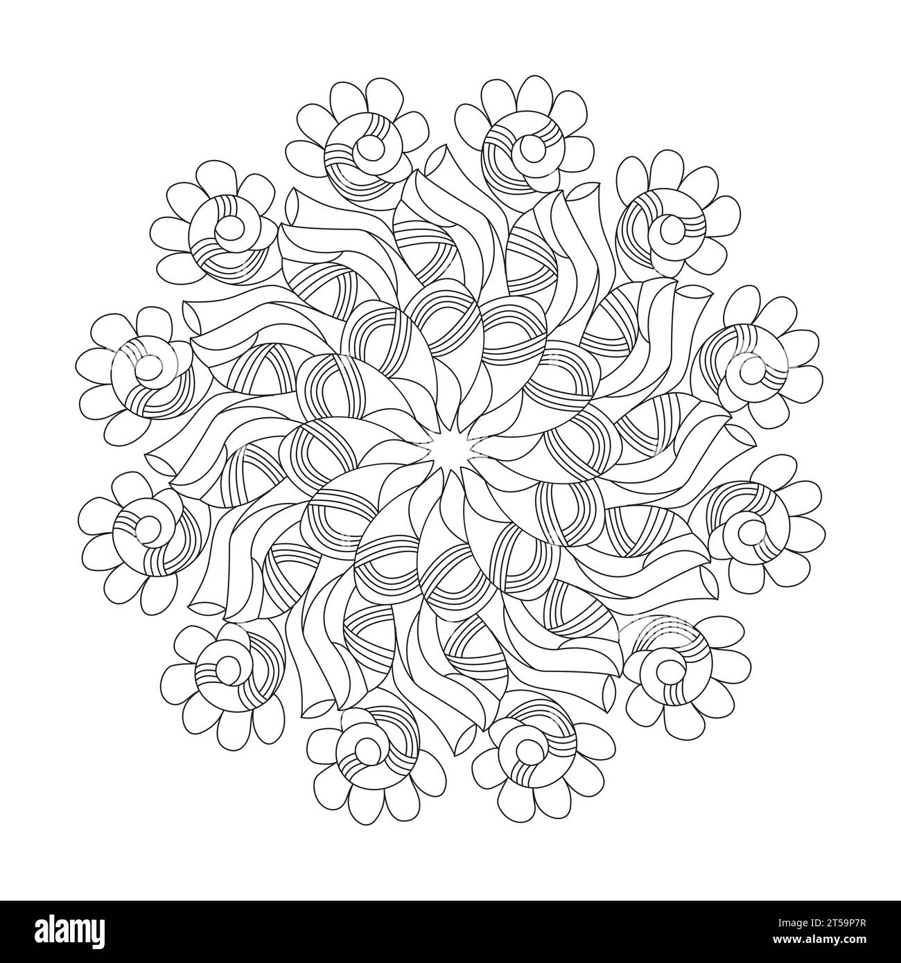 Sacred beauty adult mandala colouring book page for KDP book interior. Peaceful Petals, Ability to Relax, Brain Experiences, Harmonious Haven, Peaceful Stock Vector