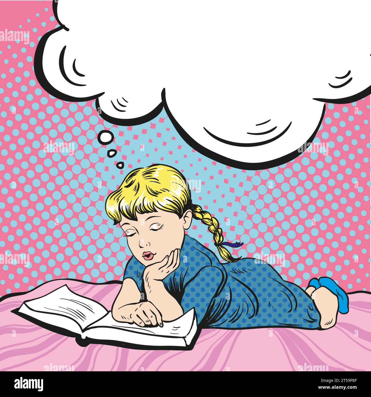 Little girl reading book on a bed. Vector illustration in comic pop art style. Girl dreaming about something reading tale. Stock Vector