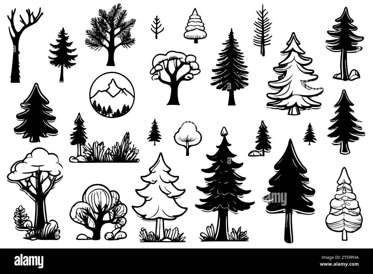 collection trees. Ink sketches set isolated on white background. Hand ...
