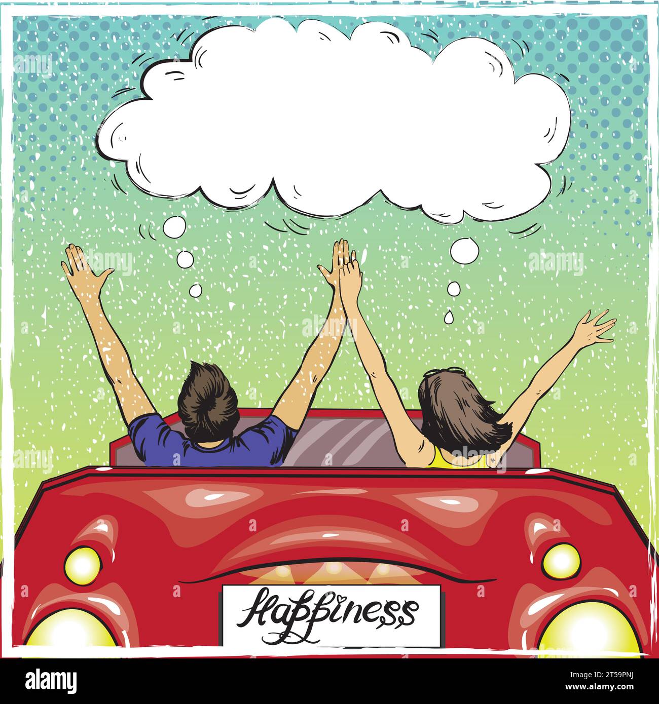 Happy couple in a car driving away. Vector illustration in retro pop art style. Love romance concept. Stock Vector
