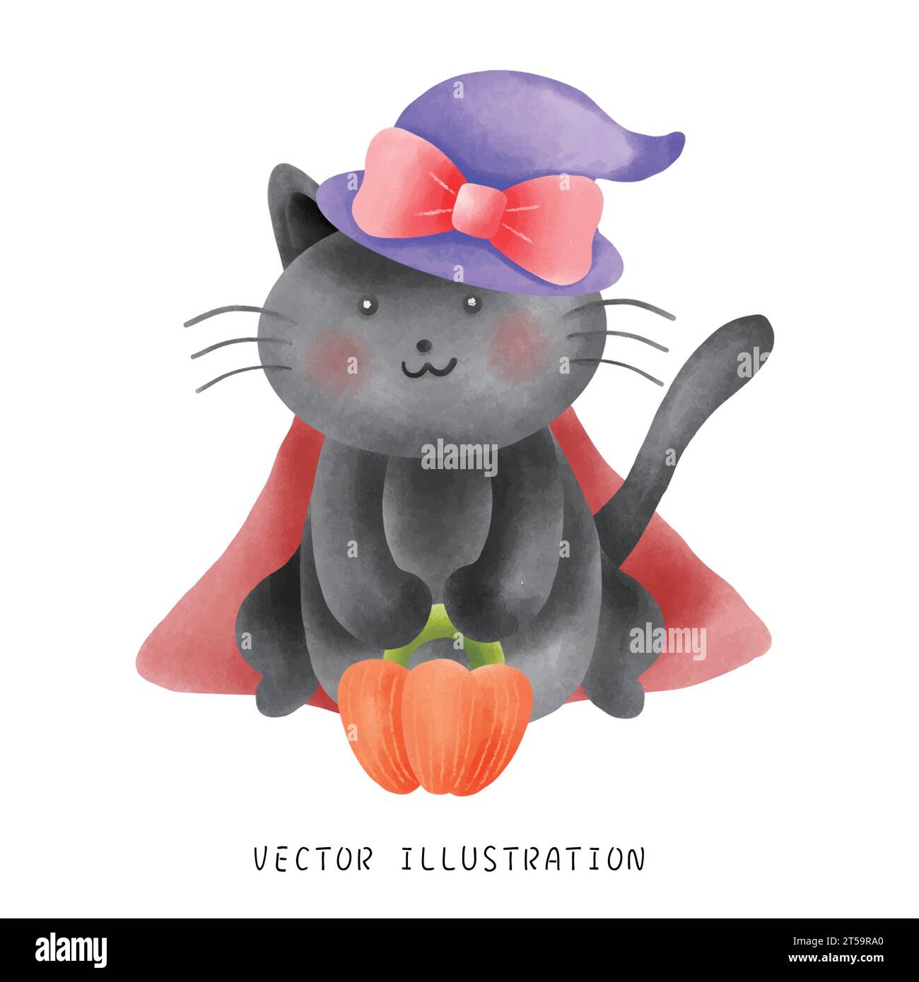 Embrace the enchantment of Halloween with this watercolor-style painting of a cute black cat dressed as a vampire. Ready for the Halloween party, the Stock Vector