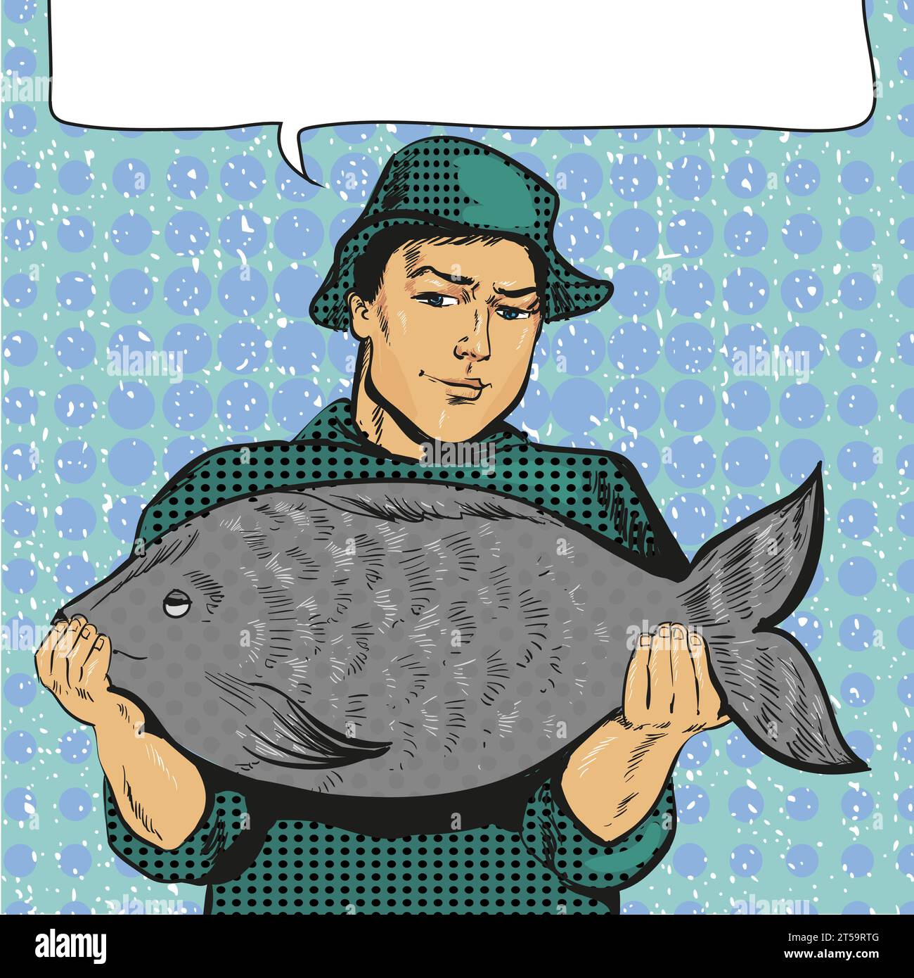 Vector illustration of fisherman holding big fish in his hands in retro
