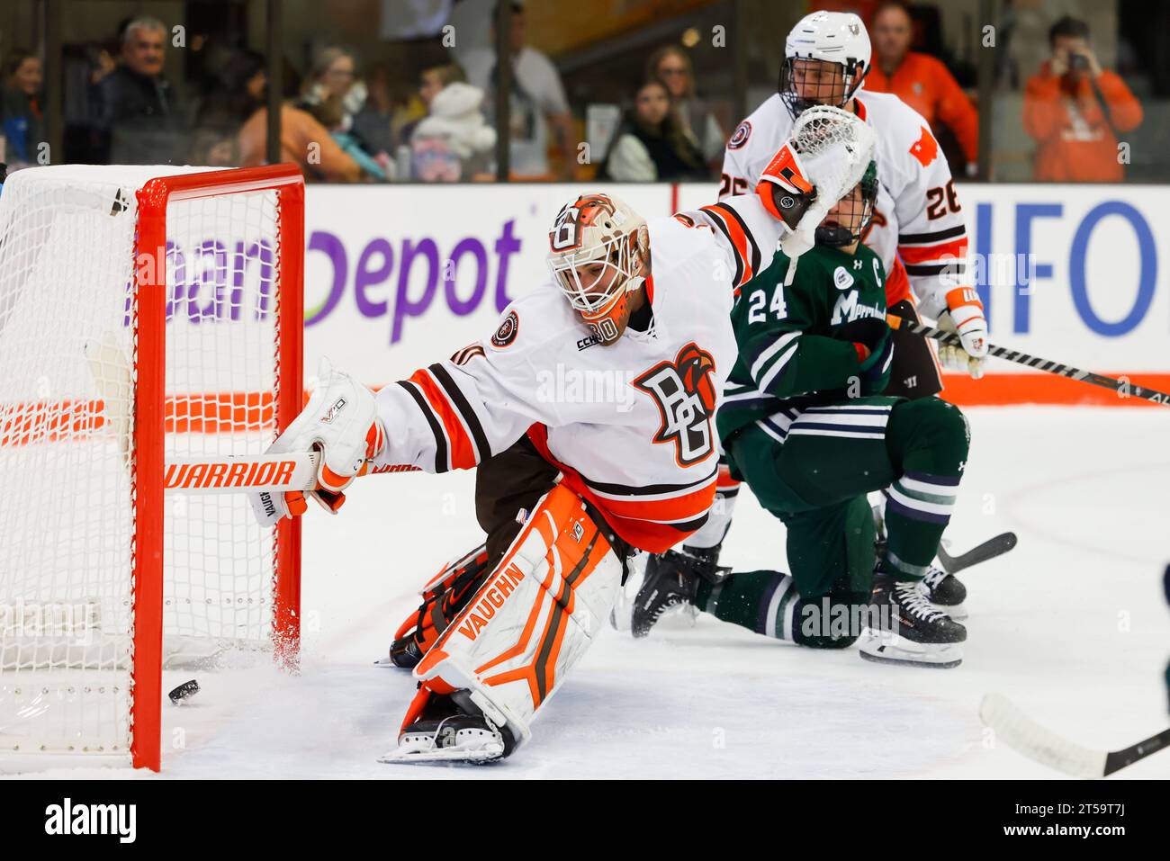 Bowling Green goaltender Christian Stoever (30) tries to make a save as the puck goes into the goal in the first period against the Mercyhurst during an NCAA hockey game on Friday, Nov. 3, 2023, in Bowling Green, Ohio. (AP Photo/Rick Osentoski) Stock Photo