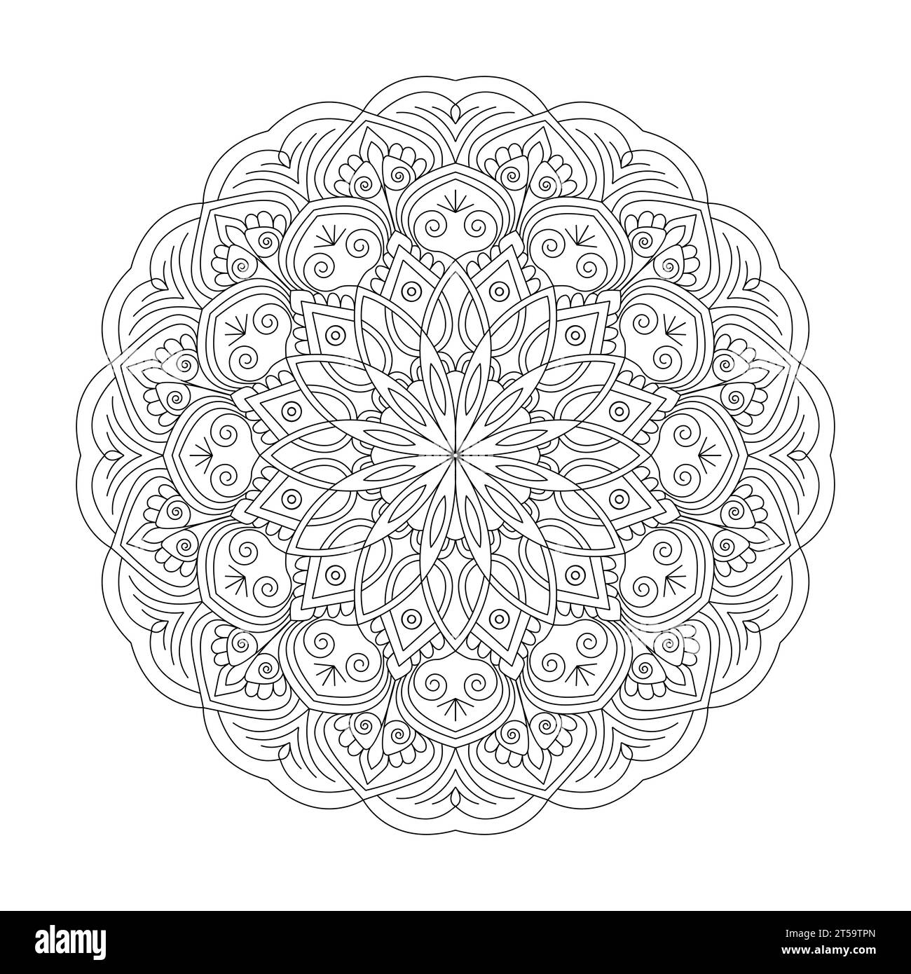 Adult Tranquil Blossoms mandala colouring book page for KDP book interior. Peaceful Petals, Ability to Relax, Brain Experiences, Harmonious Haven, Peace Stock Vector