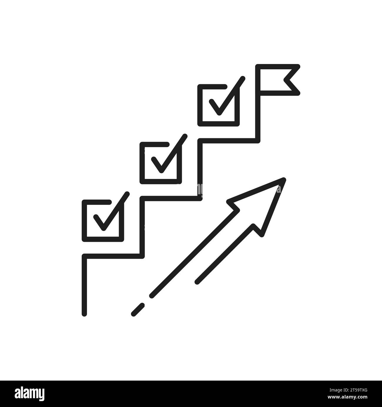 Planning icon. Project, goal, management and schedule symbol. Isolated monochrome linear vector sign of raising arrow and ticks on stairs and flag on the top representing list with complete work tasks Stock Vector