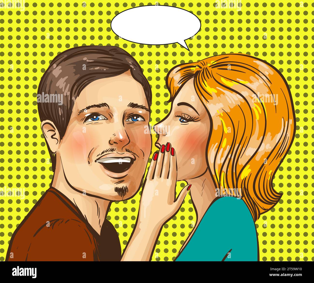 Vector illustration of young woman whispering to man, speech bubble. Happy beautiful couple in retro pop art comic style. Stock Vector