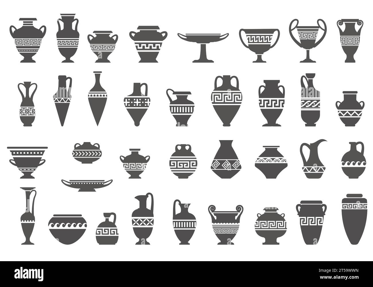 Greek vases silhouettes. Ancient amphoras and pots with meander pattern. Glyph illustration. Clay ceramic earthenware. Vector. Stock Vector