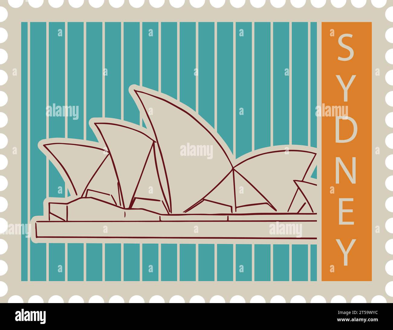 Postal stamp with SYDNEY OPERA HOUSE famous landmark of SYDNEY, AUSTRALIA Stock Vector