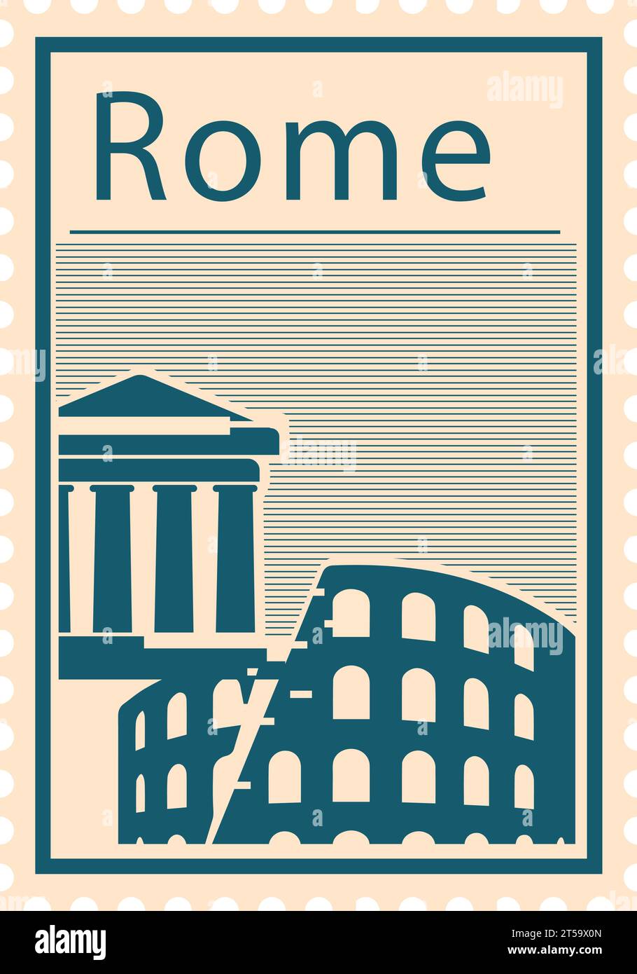 Postal stamp with COLOSSEUM and PANTHEON famous landmarks of ROME, ITALY Stock Vector