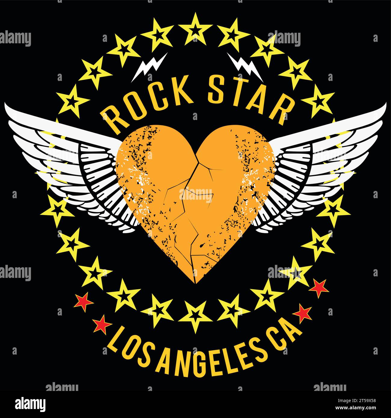 Rock Star. T-shirt design with an orange winged heart surrounded by small stars. Good illustration for Valentine's Day. Stock Vector