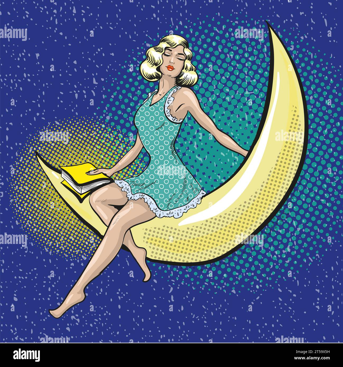 Vector illustration of pretty woman sitting on the crescent. Dreaming