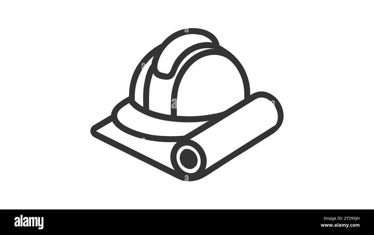 A black vector icon of a construction helmet resting on rolled blueprints. Stock Vector