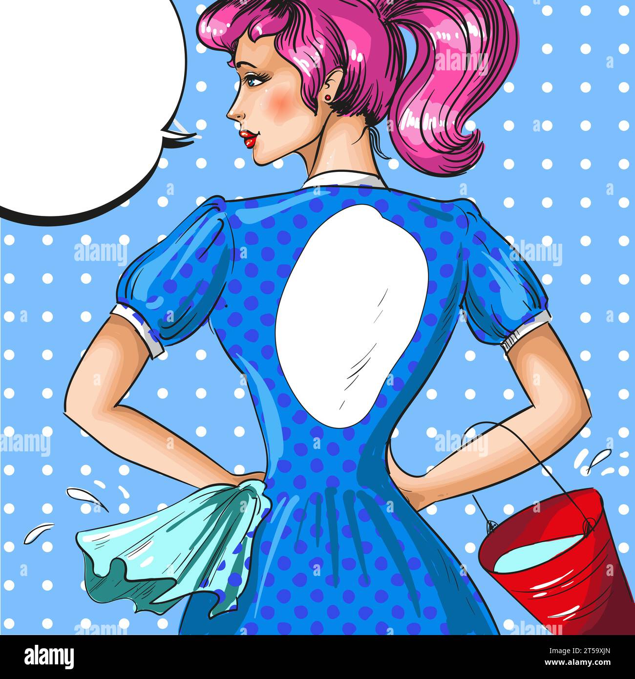 Vector illustration of cleaning woman with rag and bucket. Beautiful