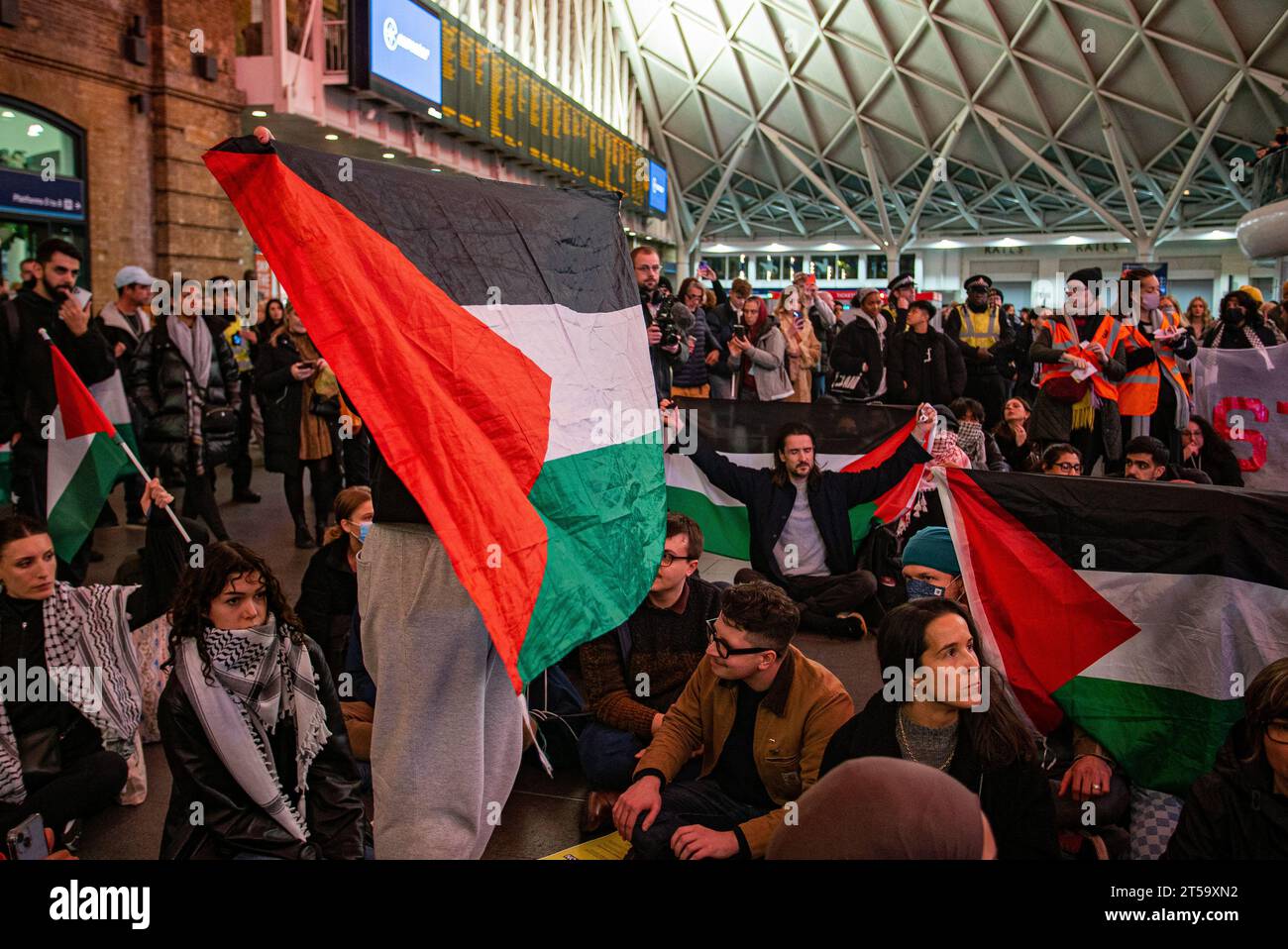 London, United Kingdom - November 3rd 2023:  Pro-Palestine sit-in protest at Kings Cross Station Stock Photo