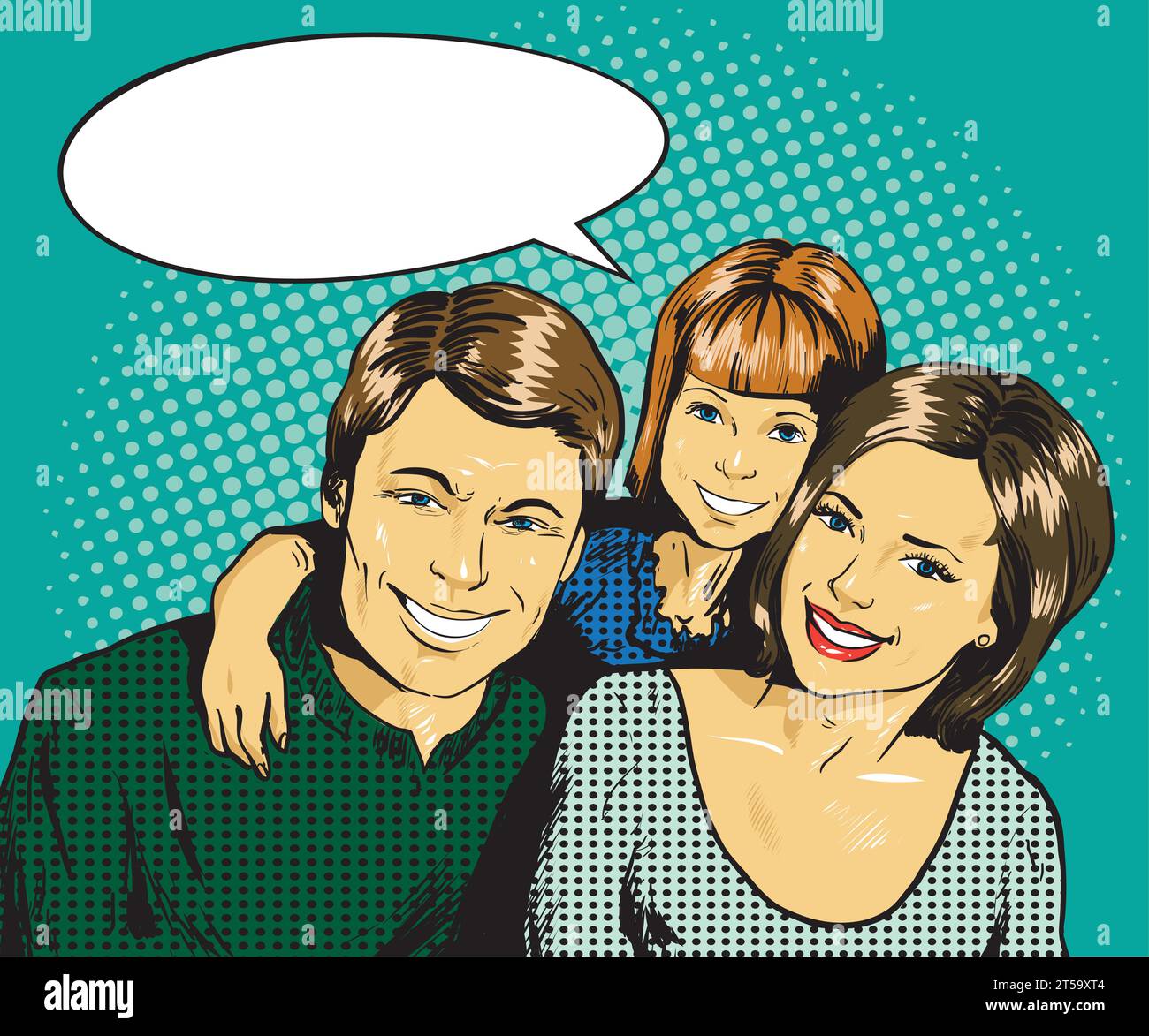 Happy family with kid. Vector illustration in retro comic pop art style