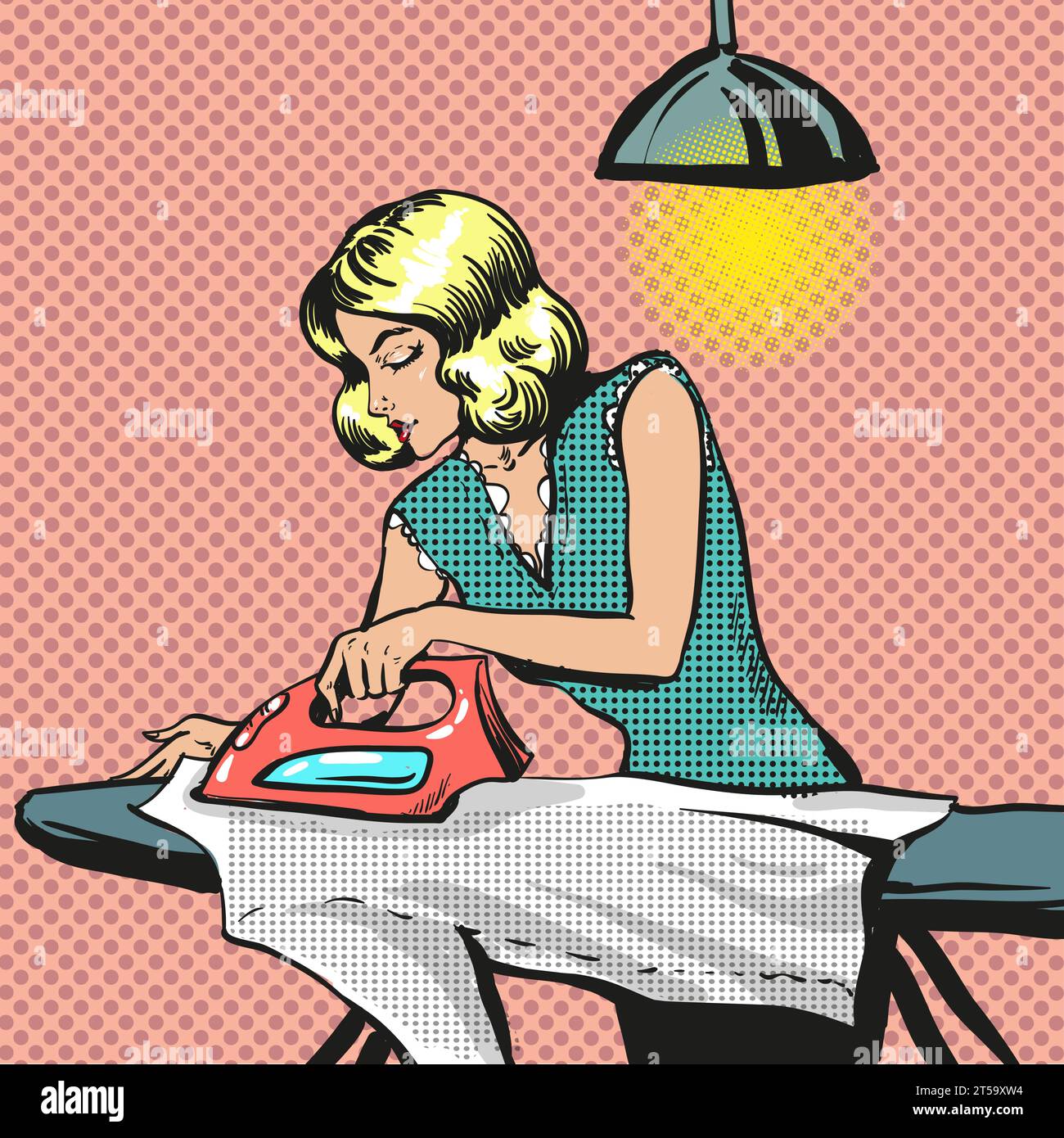 Vector illustration of young woman ironing clothes. Housewife in retro pop art comic style. Stock Vector