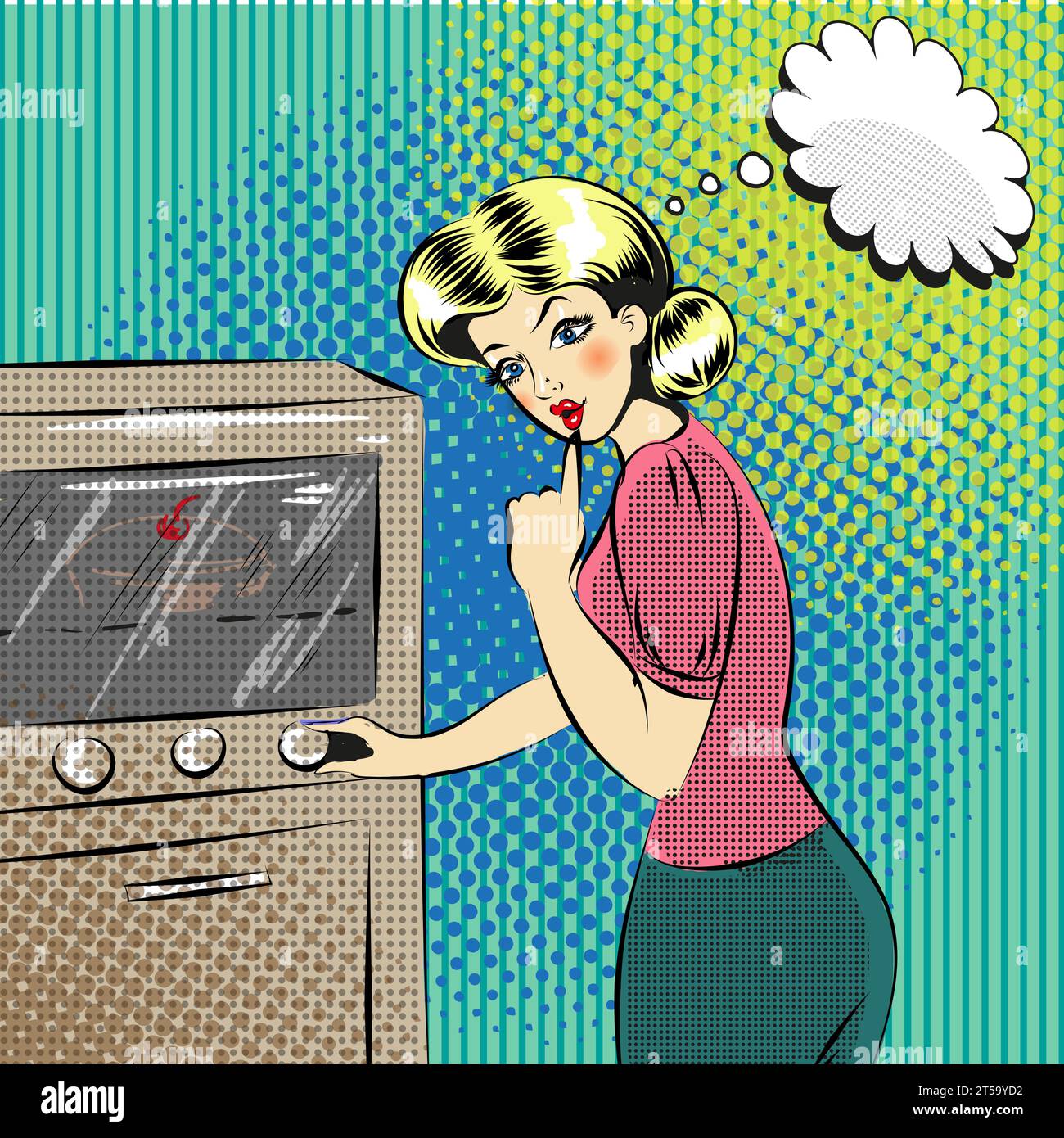 Vector illustration of pretty woman cooking in the kitchen. Beautiful housewife in retro pop art comic style. Stock Vector