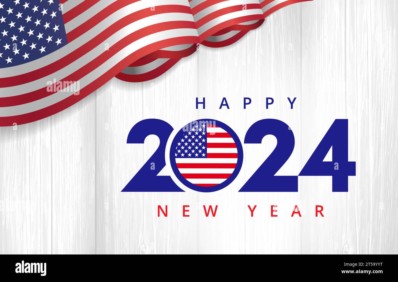 Happy New Year 2024 with flag USA on gray wooden boards. Holiday design with 3d flag on wooden grunge planks for social media. Vector illustration Stock Vector