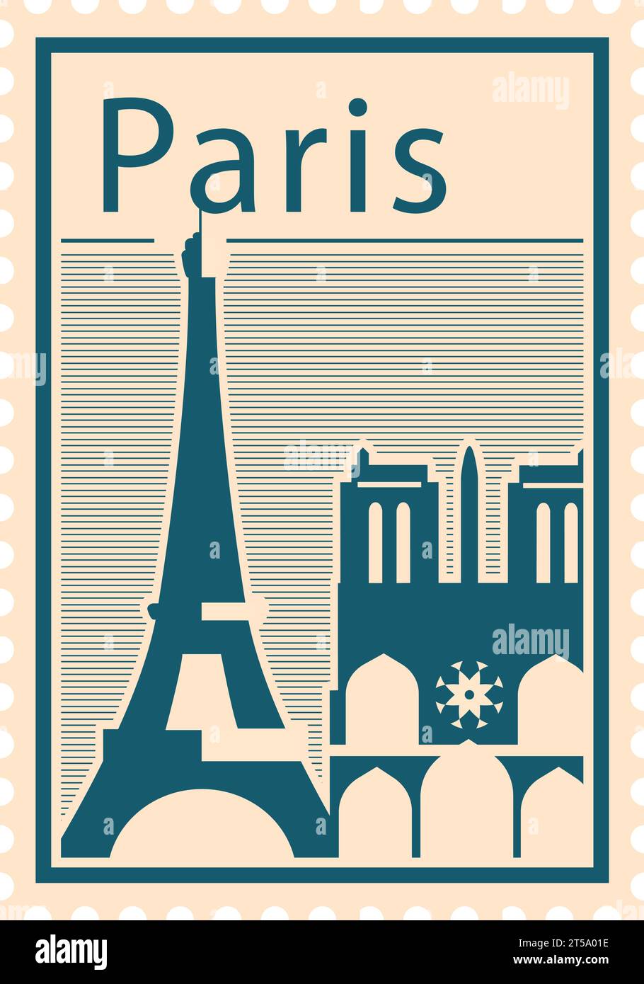 Postal stamp with EIFFEL TOWER and NOTRE DAME DE PARIS famous landmarks of PARIS, FRANCE Stock Vector