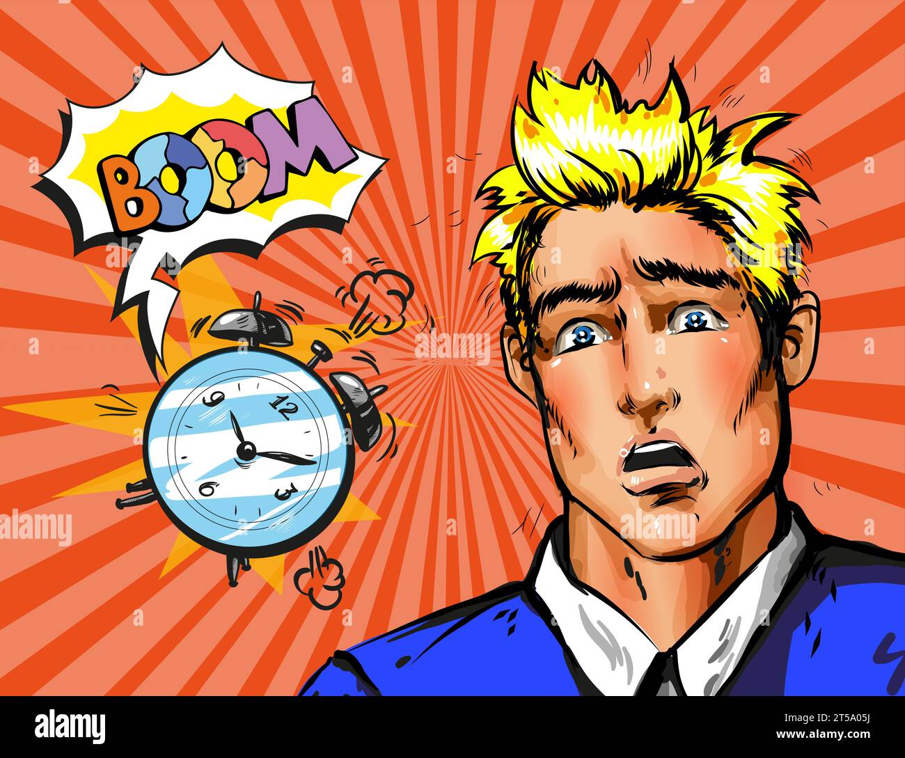 Vector pop art man waking up late in the morning Stock Vector