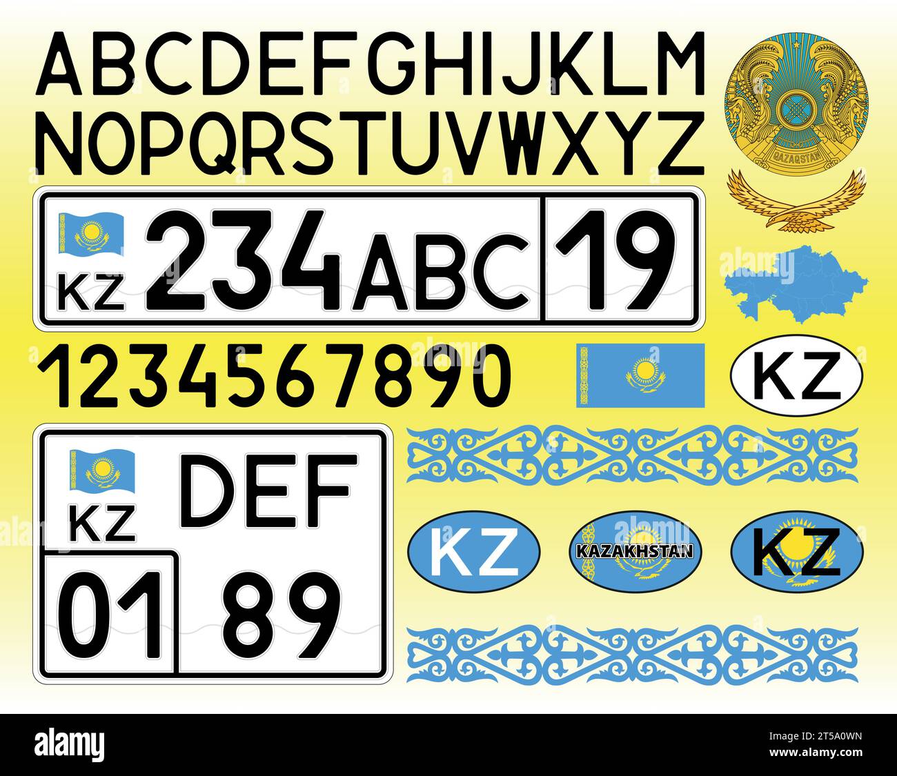Kazakhstan car license plate, letters, numbers and symbols, vector