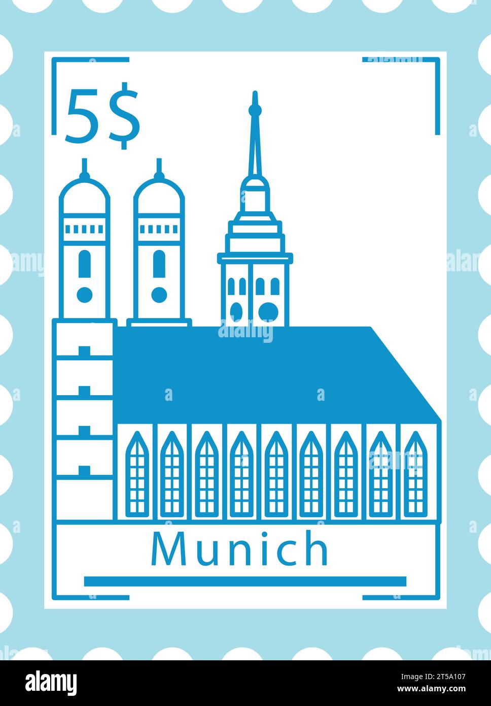 Postal stamp with FRAUENKIRCHE CATHEDRAL famous landmark of MUNICH, GERMANY Stock Vector