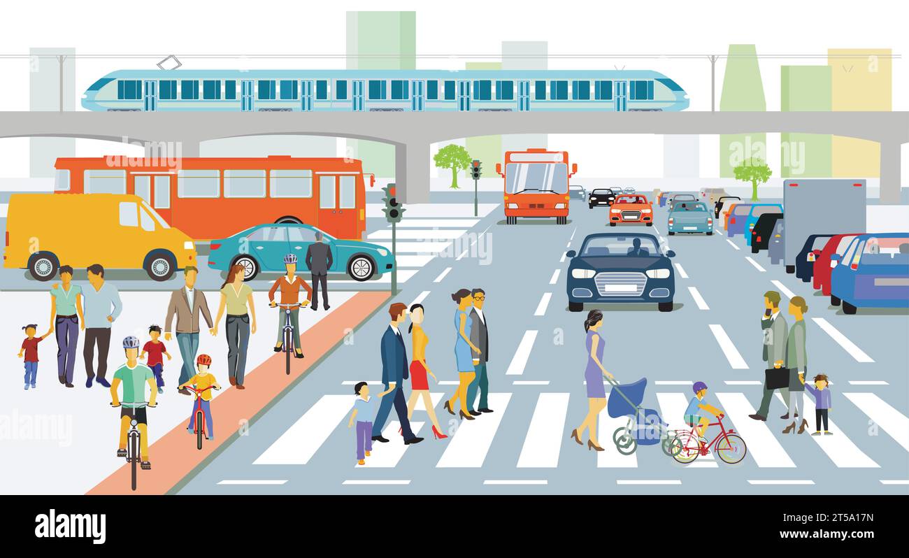 People on the crosswalk and road and rail traffic, illustration Stock ...