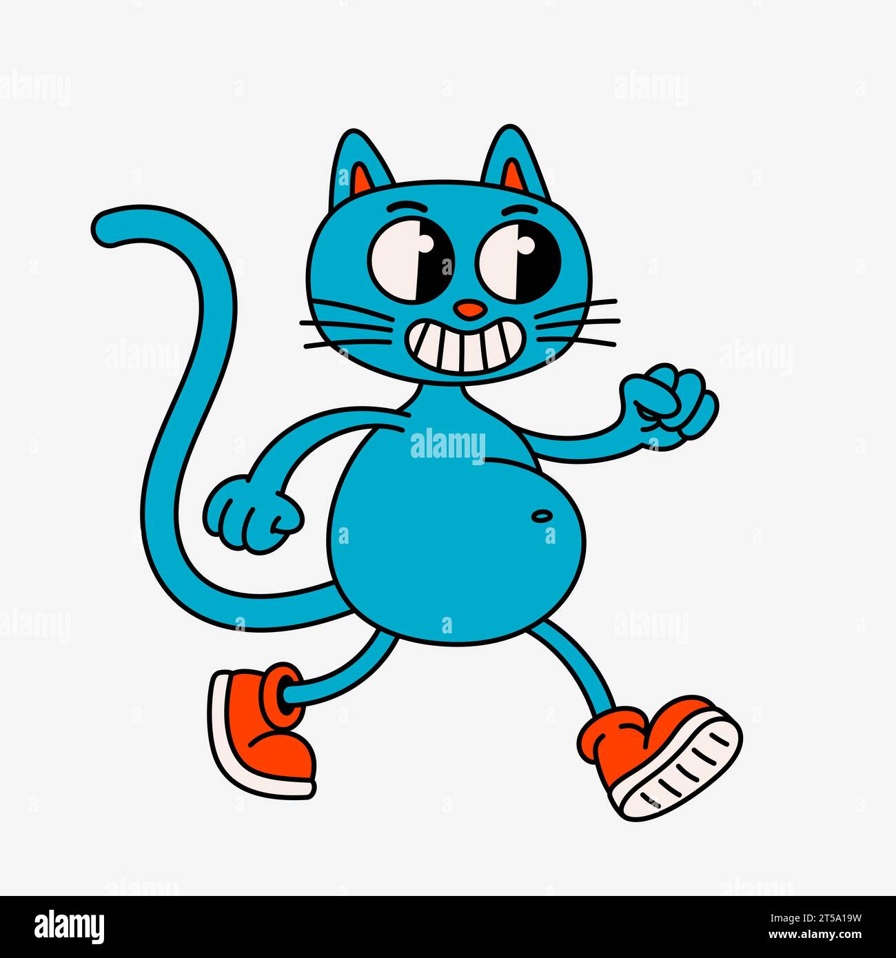 Retro style cartoon cat character. Groovy vintage 70s blue cat