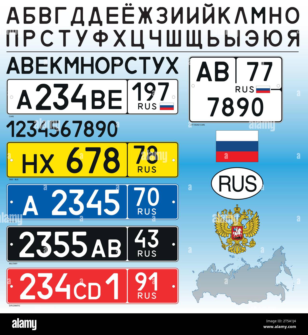 Russia car license plate, letters, numbers and symbols, vector