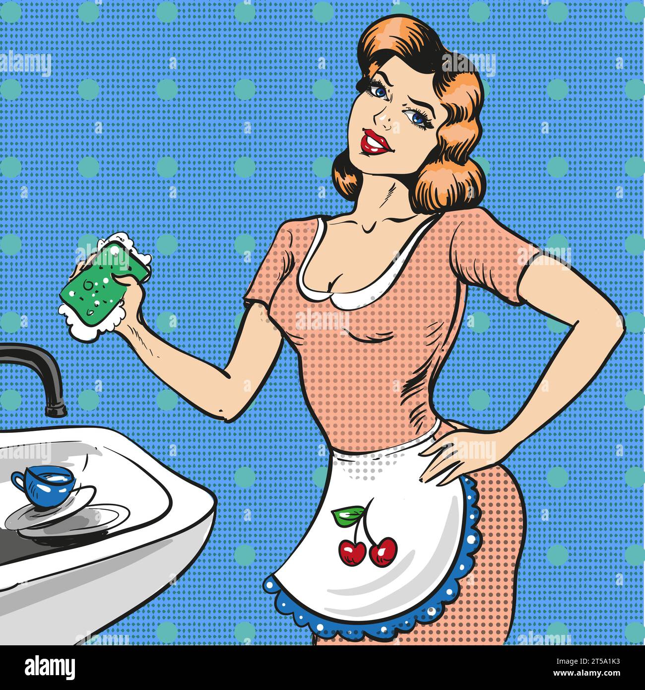 Vector pop art illustration of woman washing the dishes Stock Vector