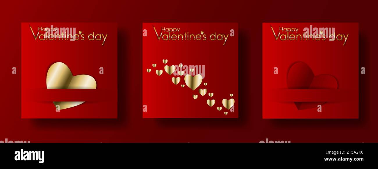 Set 3 in 1 red paper banner with red and gold hearts. Valentines day ...