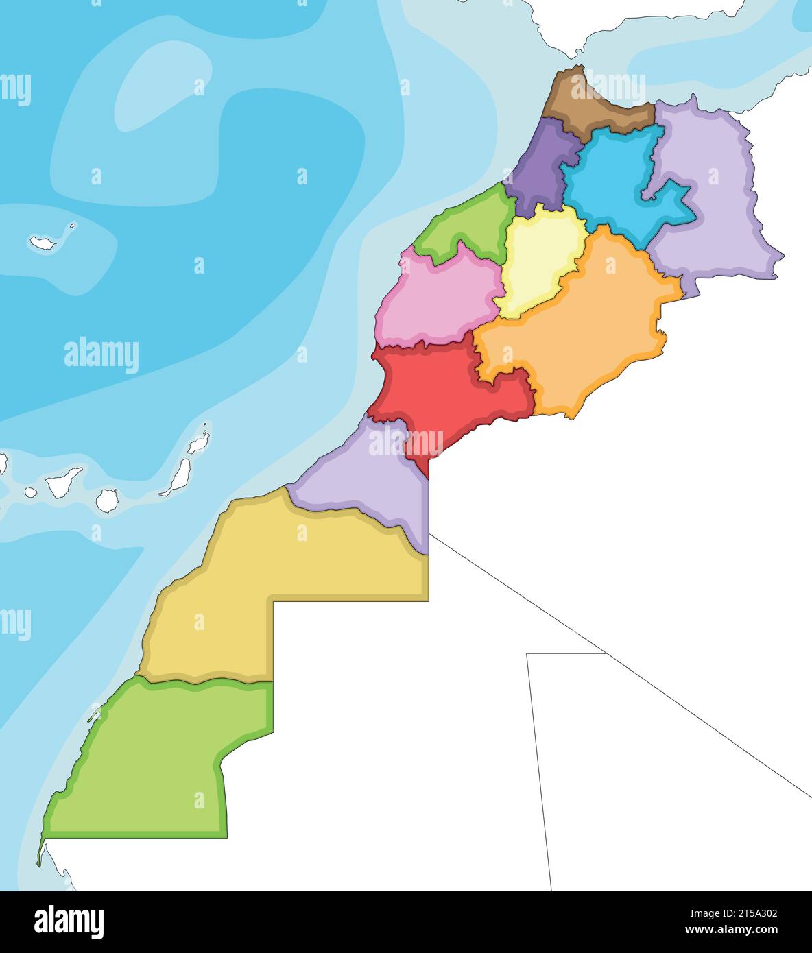 Vector illustrated blank map of Morocco with regions and administrative divisions, and neighbouring countries. Editable and clearly labeled layers. Stock Vector