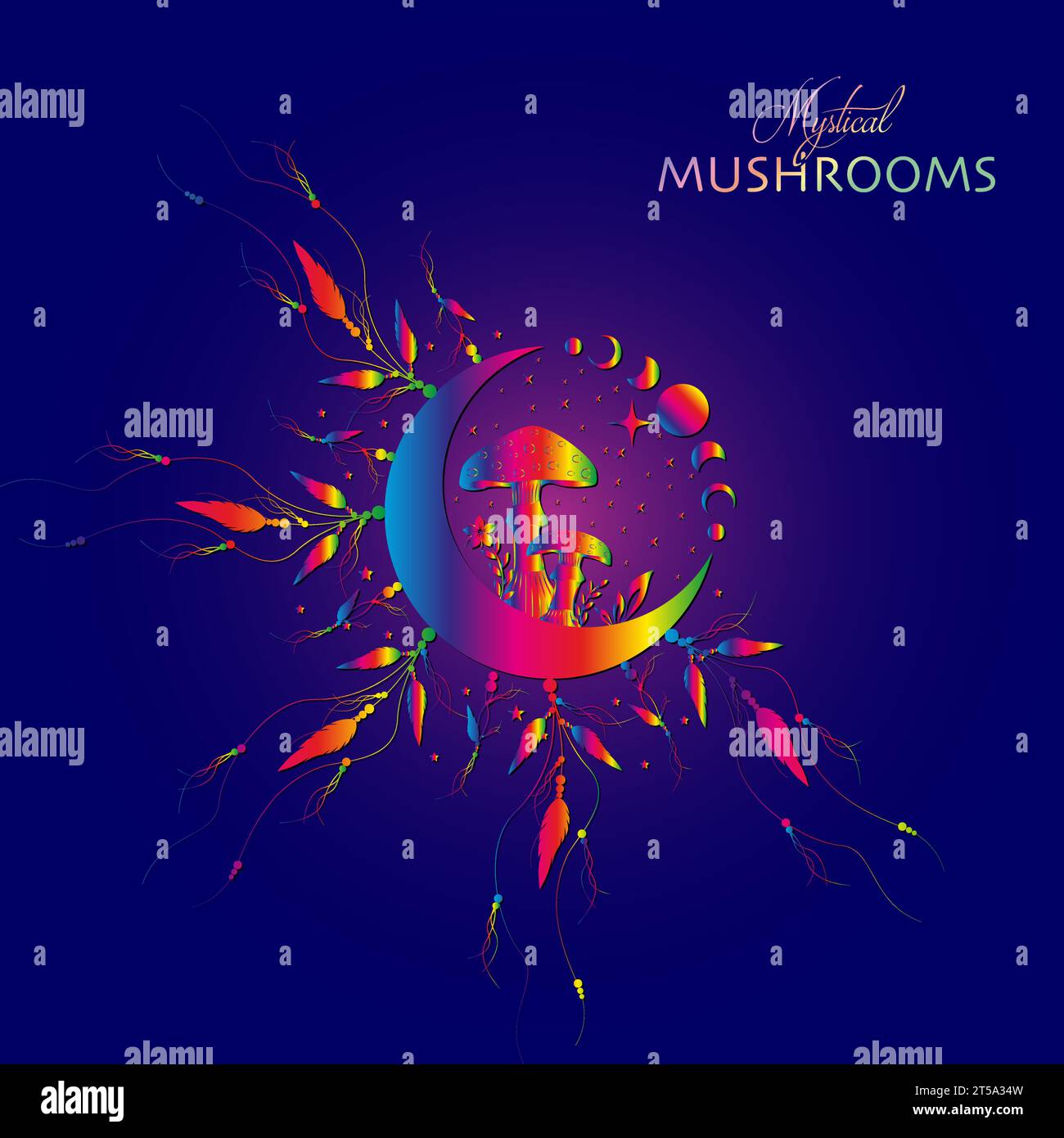 Shamanic magic mushrooms, Mystical Amanita Muscaria with moon phases and stars. Witchcraft  Psychedelic Dreamcatcher symbol, witchy esoteric fungus Stock Vector