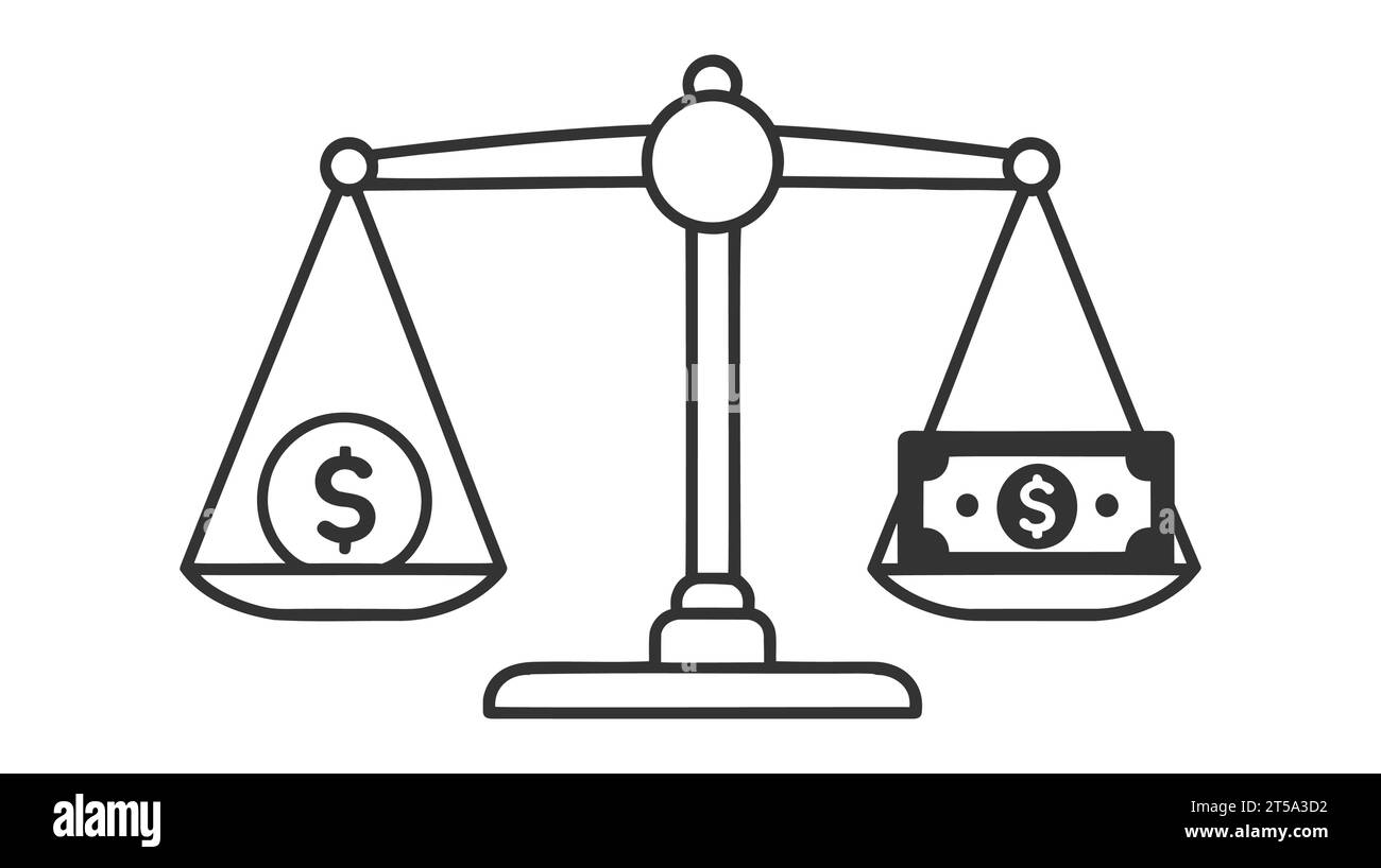 A vector illustration of a balance scale with a dollar coin on one side