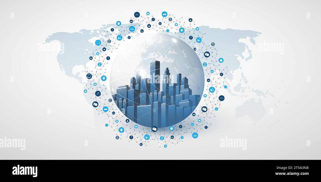Futuristic Smart City, Cloud Computing Design Concept with Polygonal Mesh, Cluster, Nodes, Icons - Global Digital Network Connections Between Devices Stock Vector