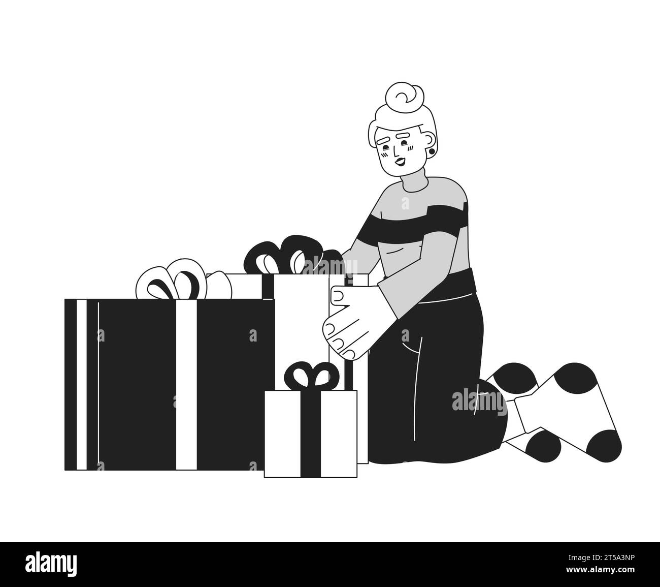 Caucasian lady packing gifts for Christmas black and white 2D cartoon