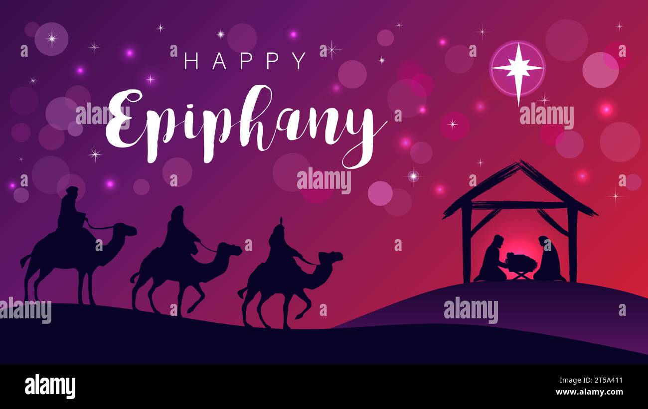 Happy Epiphany, Nativity scene with wise men, Jesus in manger and