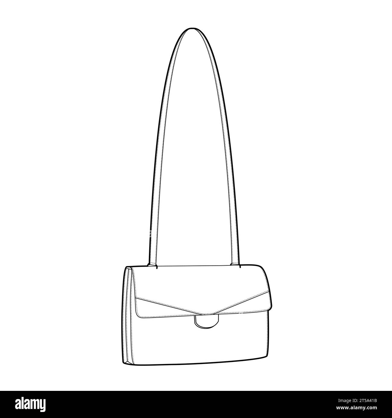 The 1970s Cross-Body Shoulder Bag. Fashion accessory technical illustration. Vector satchel front 3-4 view for Men, women, unisex style, flat handbag CAD mockup sketch outline isolated Stock Vector