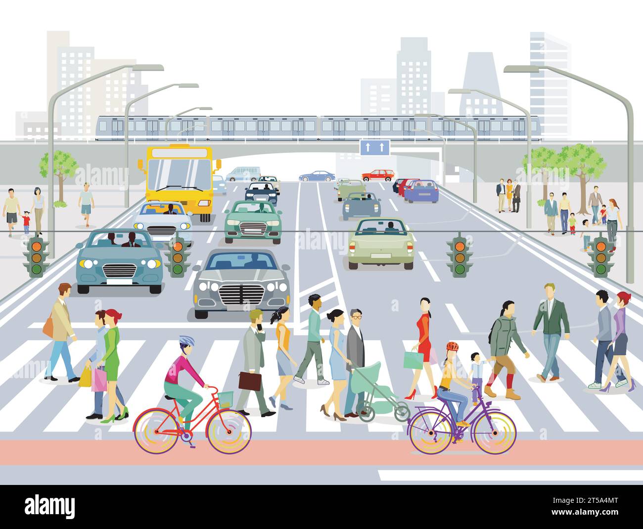 People on the crosswalk and road and rail traffic, illustration Stock Vector